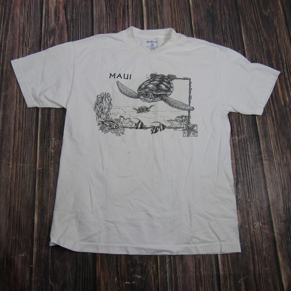 Del Sol Maui T-Shirt Men Large White Sea Turtle Hawaii Souvenir Graphic Tee